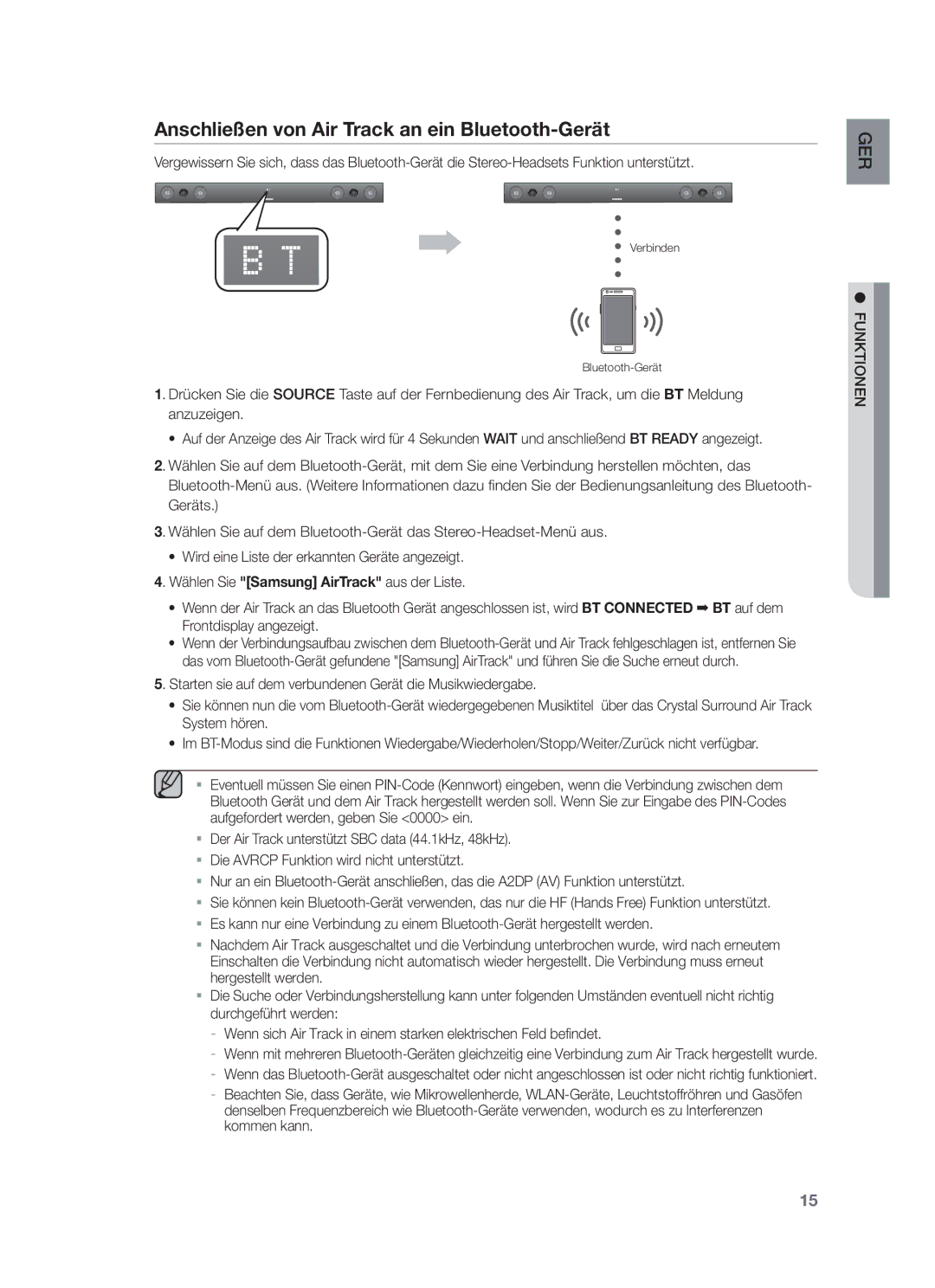 Samsung HW-F450/ZF, HW-F450/TK, HW-F450/XN, HW-F450/EN manual Anschließen von Air Track an ein Bluetooth-Gerät, Funktionen 