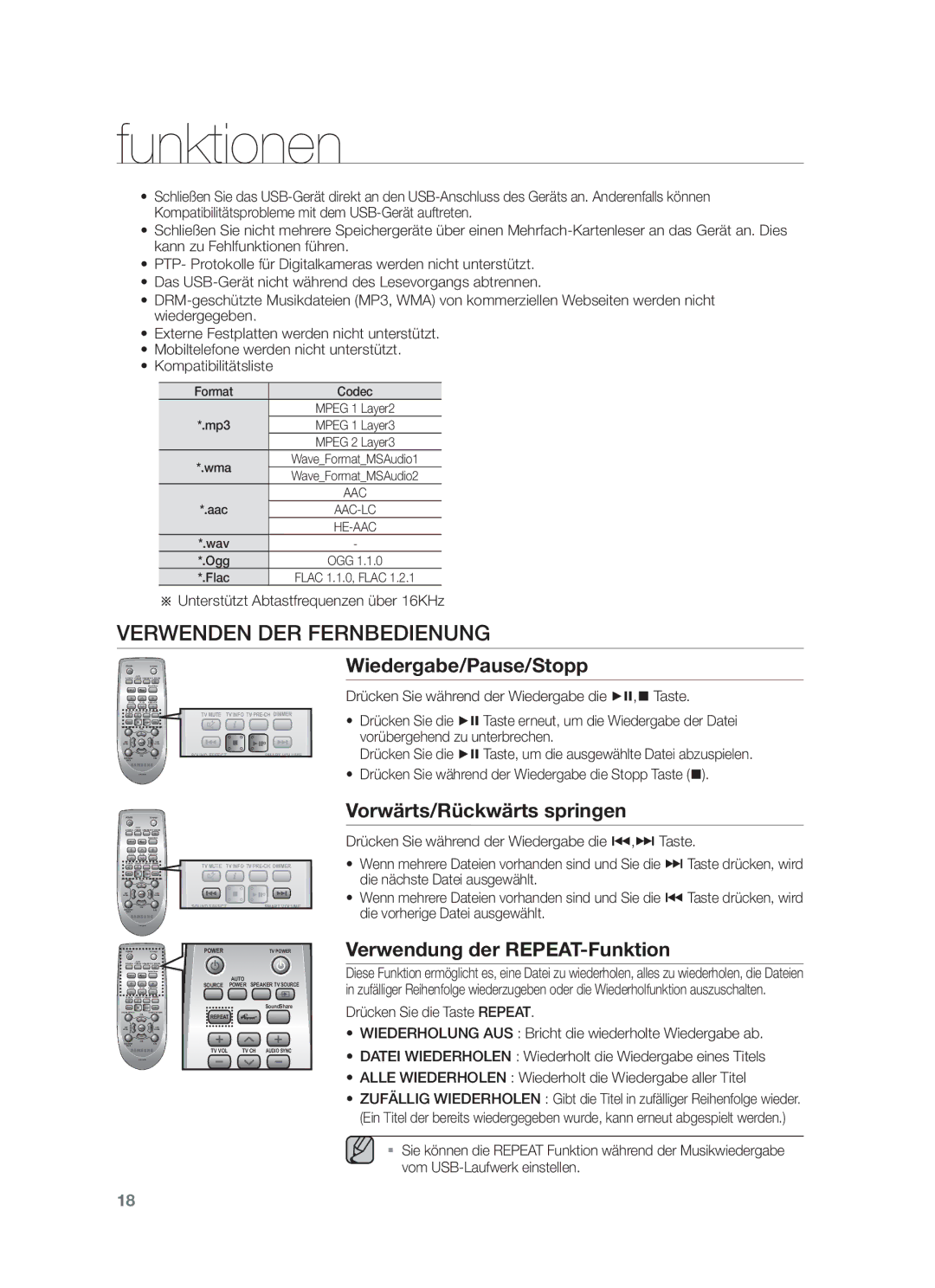 Samsung HW-F450/EN, HW-F450/TK, HW-F450/XN Verwenden DER Fernbedienung, Wiedergabe/Pause/Stopp, Vorwärts/Rückwärts springen 