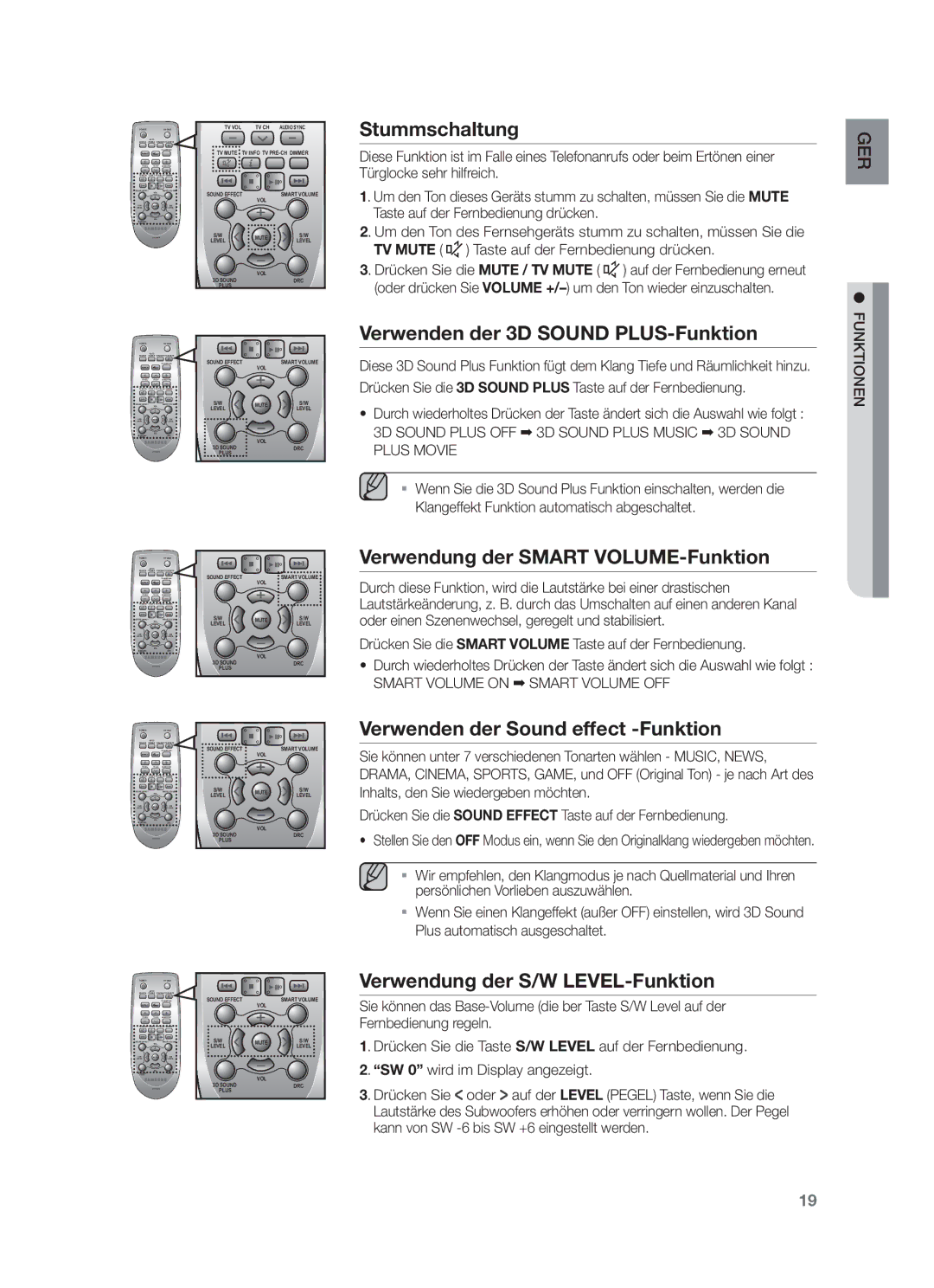 Samsung HW-F450/ZF, HW-F450/TK Stummschaltung, Verwenden der 3D Sound PLUS-Funktion, Verwendung der Smart VOLUME-Funktion 