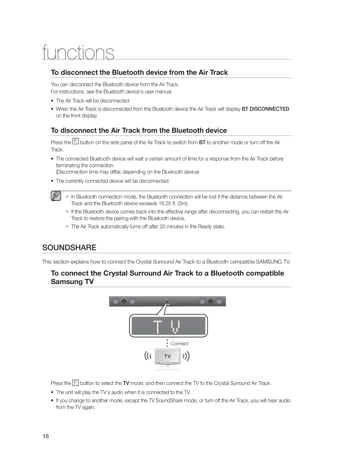 Samsung HW-F450/UM manual Soundshare, To disconnect the Bluetooth device from the Air Track, Press, Connect 