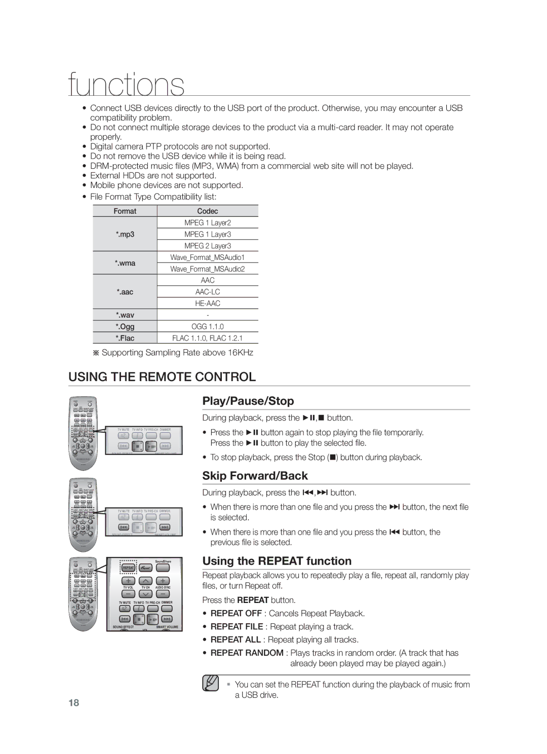 Samsung HW-F450/UM manual Using the Remote Control, Play/Pause/Stop, Skip Forward/Back, Using the Repeat function 