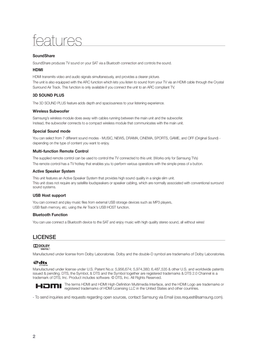 Samsung HW-F450/UM manual Features, Hdmi, 3D Sound Plus 