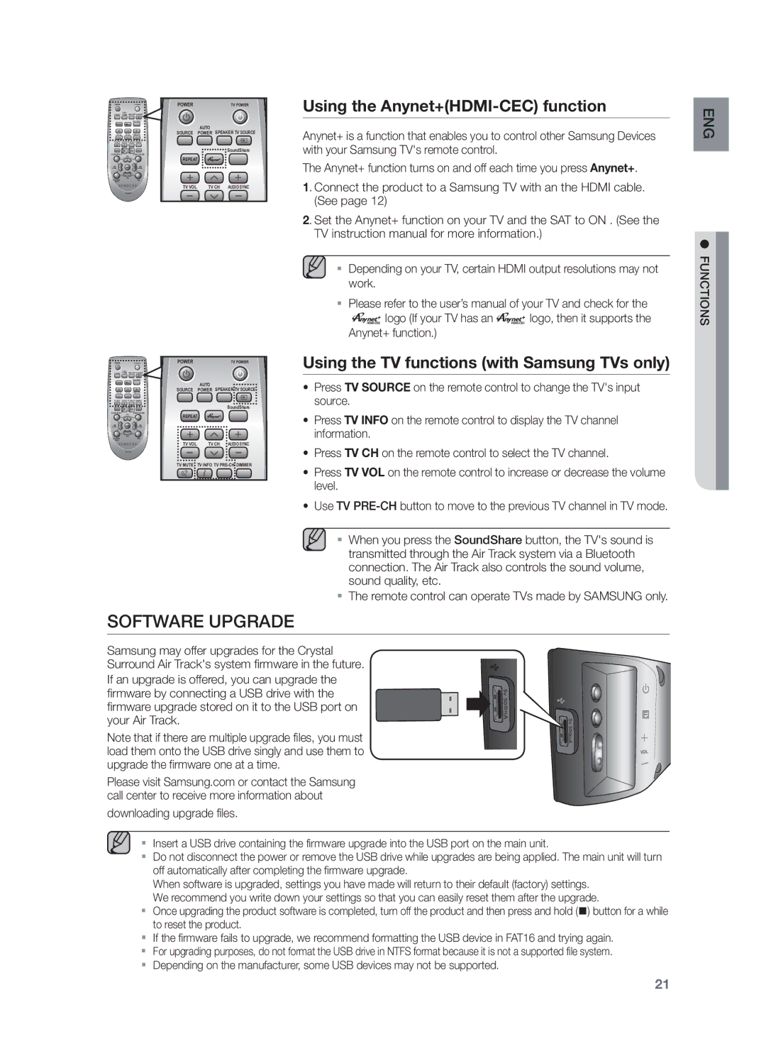 Samsung HW-F450/UM Software Upgrade, Using the Anynet+HDMI-CEC function, Using the TV functions with Samsung TVs only 