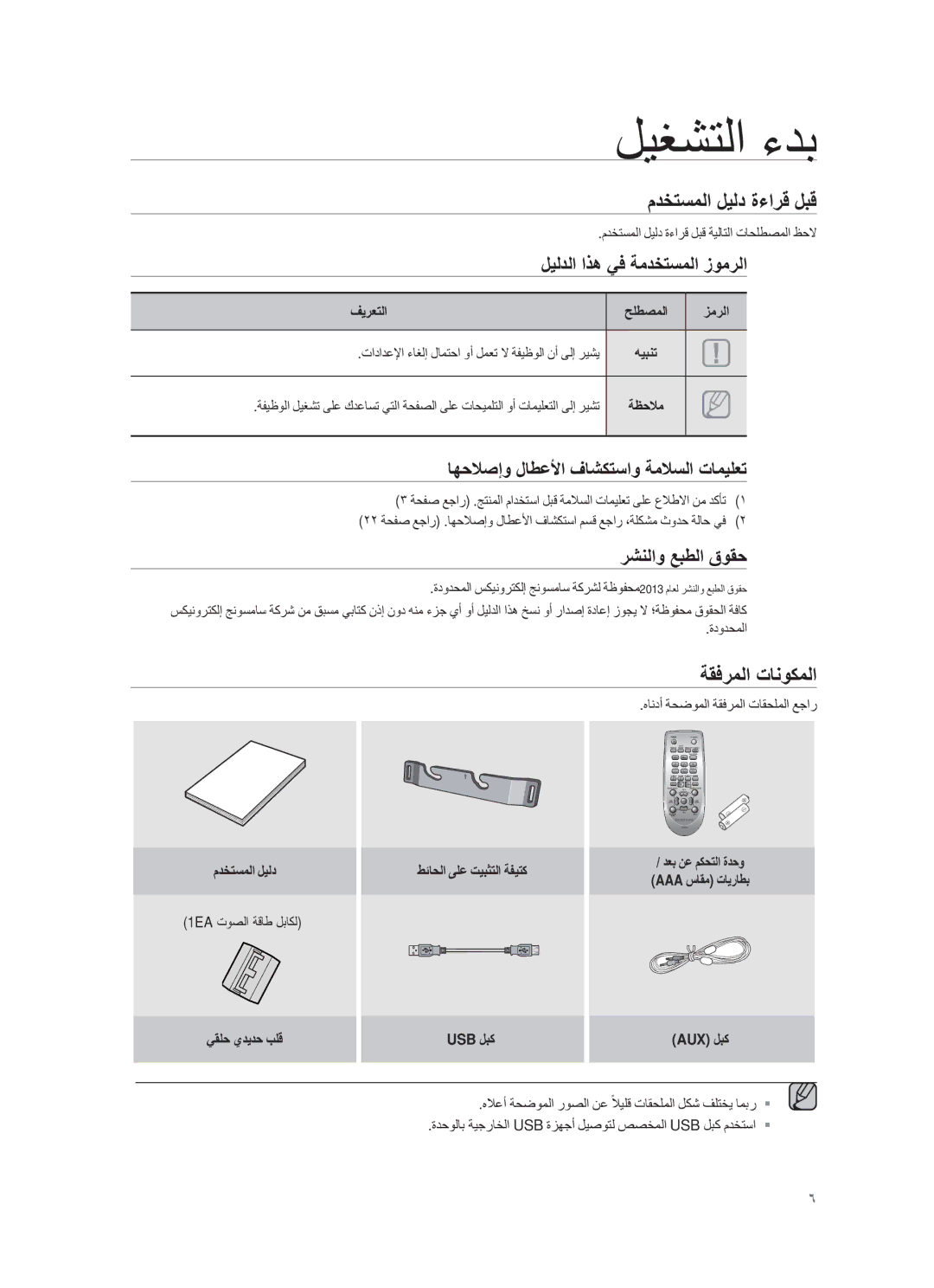 Samsung HW-F450/UM manual مدΧΗﺳﻣﻟا لϳﻟد ة˯ارϗ لΑϗ, ﺔϘϓرﻣﻟا Εﺎϧوϛﻣﻟا, لϳﻟدﻟا اΫھ ﻲϓ ﺔﻣدΧΗﺳﻣﻟا ίوﻣرﻟا, رηϧﻟاو ﻊΑطﻟا ϕوϘﺣ 