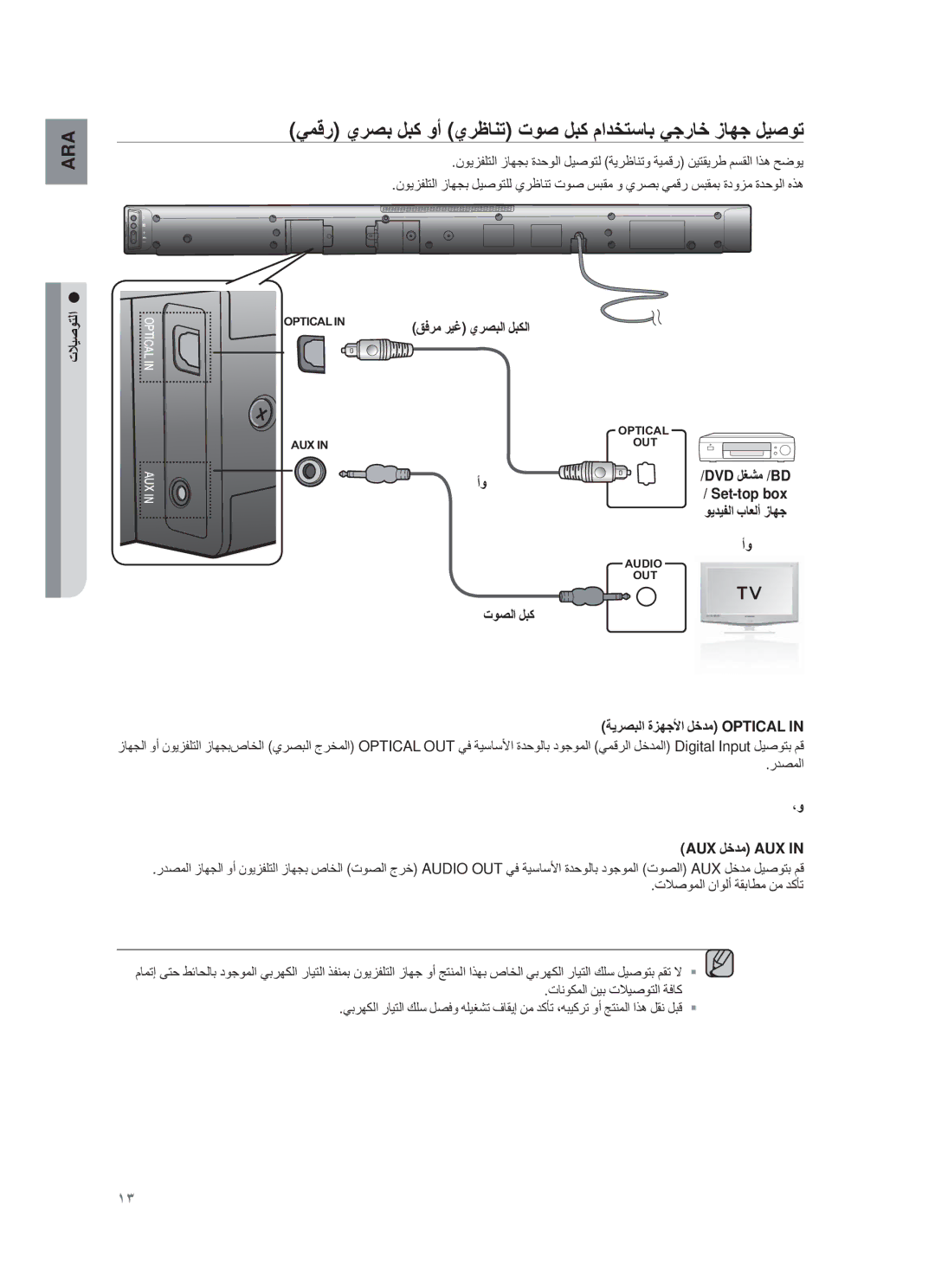 Samsung HW-F450/UM manual ﻲﻣϗر يرﺻΑ لΑϛ وأ يرυﺎϧΗ Εوﺻ لΑϛ مادΧΗﺳﺎΑ ﻲΟرﺎΧ ίﺎﮭΟ لϳﺻوΗ, ΈΩλϣϟ, Aux لχدﻣ Aux 