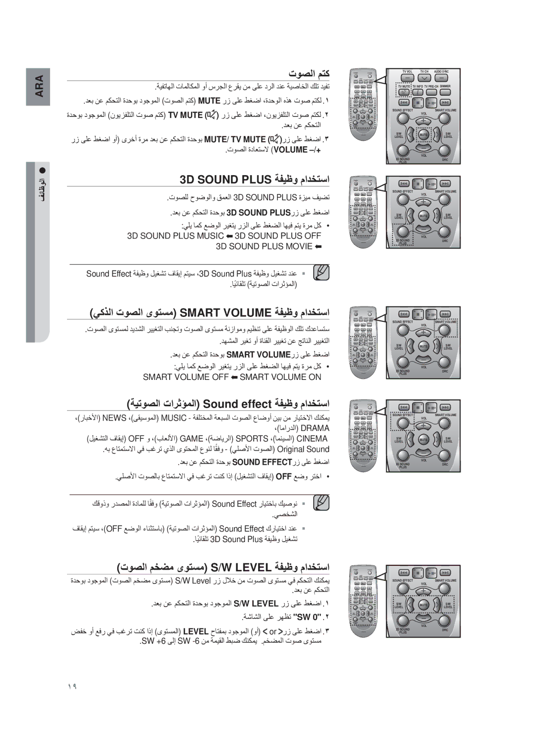 Samsung HW-F450/UM manual Εوﺻﻟا مΗϛ, 3D Sound Plus ﺔϔϳυو مادΧΗﺳا, ﻲϛΫﻟا Εوﺻﻟا ىوΗﺳﻣ Smart Volume ﺔϔϳυو مادΧΗﺳا 