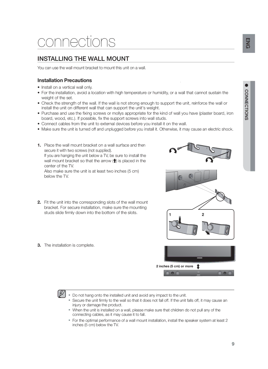 Samsung HW-F450/UM manual Connections, Installing the Wall Mount, Installation Precautions, Installation is complete 