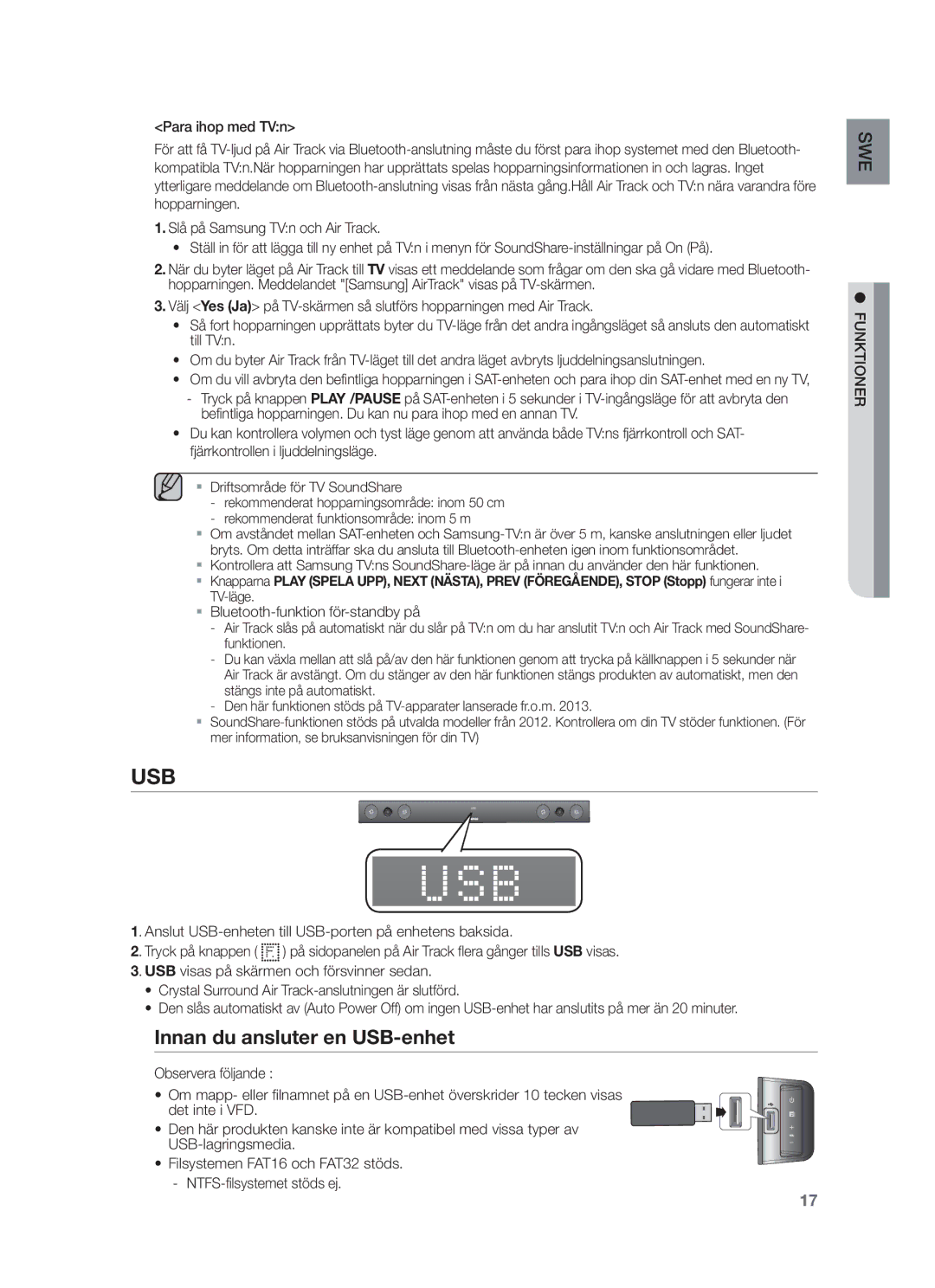 Samsung HW-F450/XE manual Innan du ansluter en USB-enhet, Bluetooth-funktion för-standby på, Funktioner 