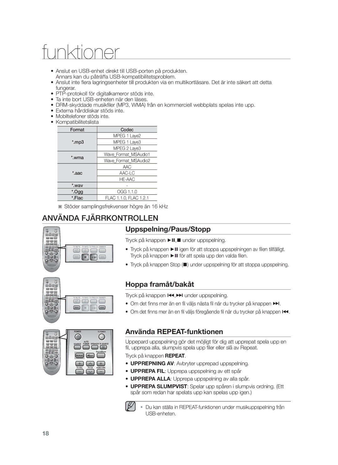 Samsung HW-F450/XE manual Använda Fjärrkontrollen, Uppspelning/Paus/Stopp, Hoppa framåt/bakåt, Använda REPEAT-funktionen 