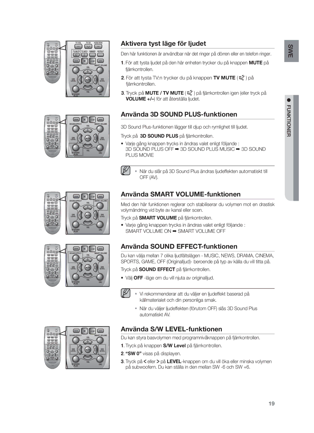 Samsung HW-F450/XE manual Aktivera tyst läge för ljudet, Använda 3D Sound PLUS-funktionen, Använda Smart VOLUME-funktionen 