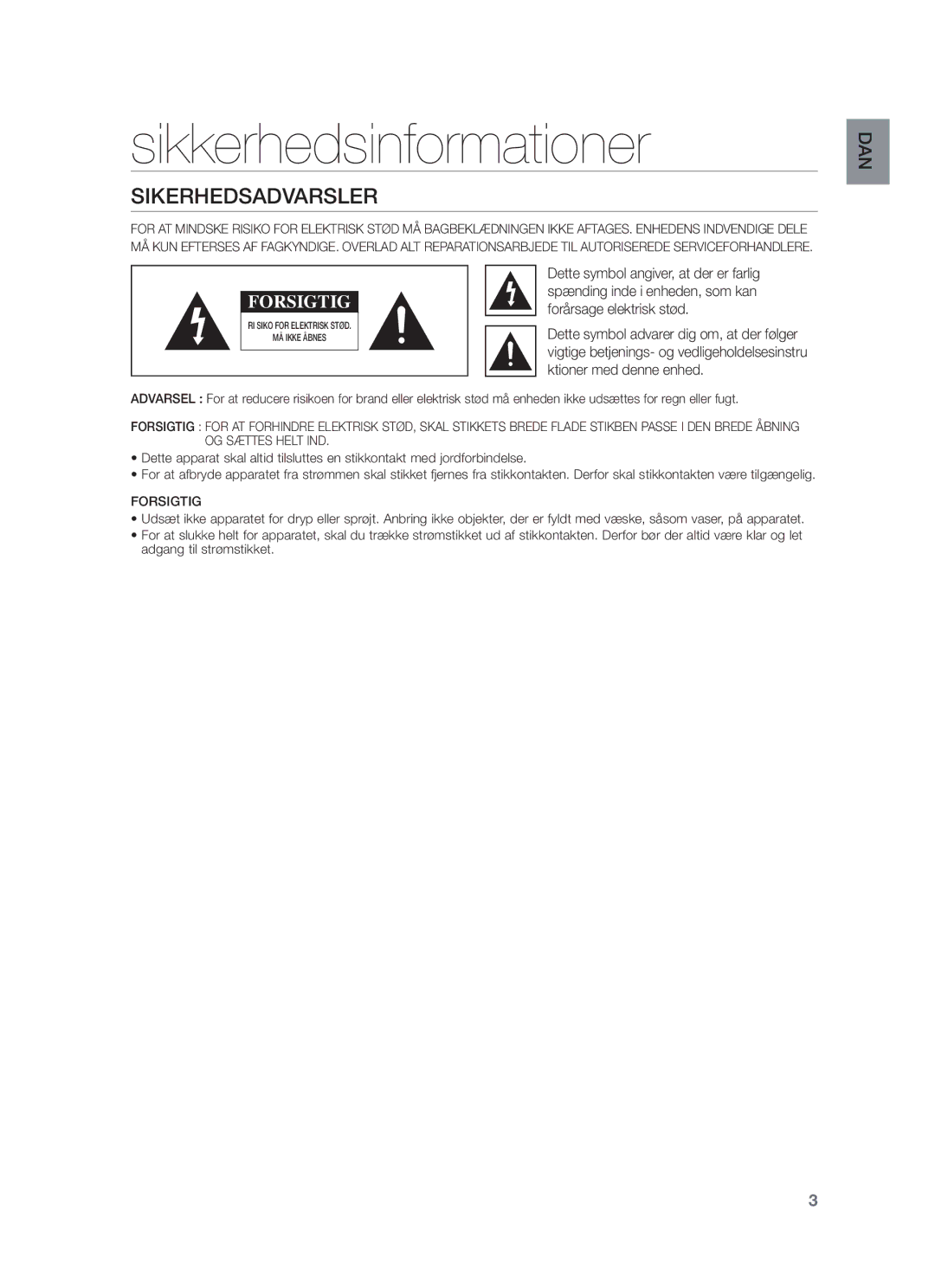 Samsung HW-F450/XE manual Sikkerhedsinformationer, Sikerhedsadvarsler 