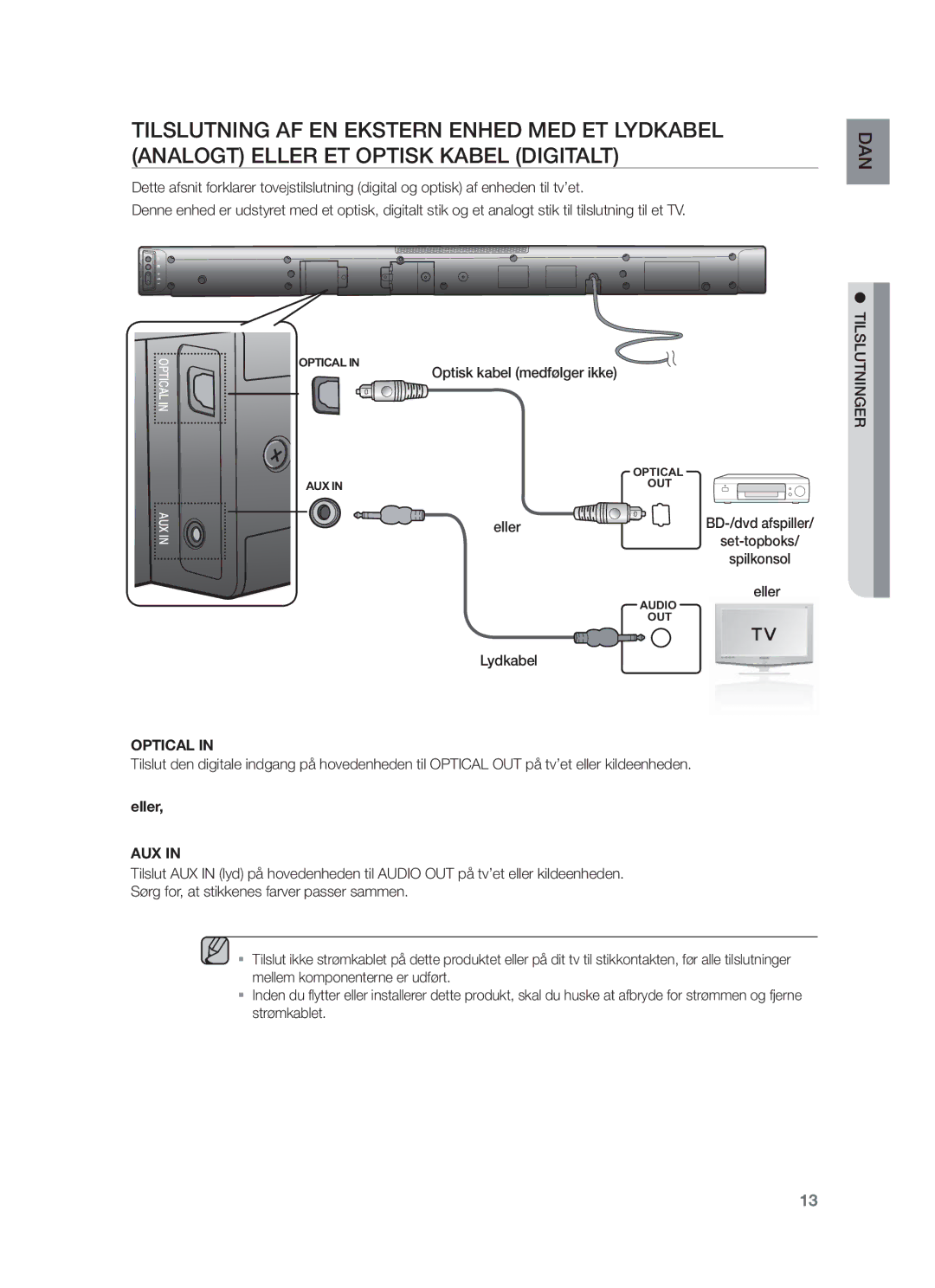 Samsung HW-F450/XE manual Optisk kabel medfølger ikke, Eller 