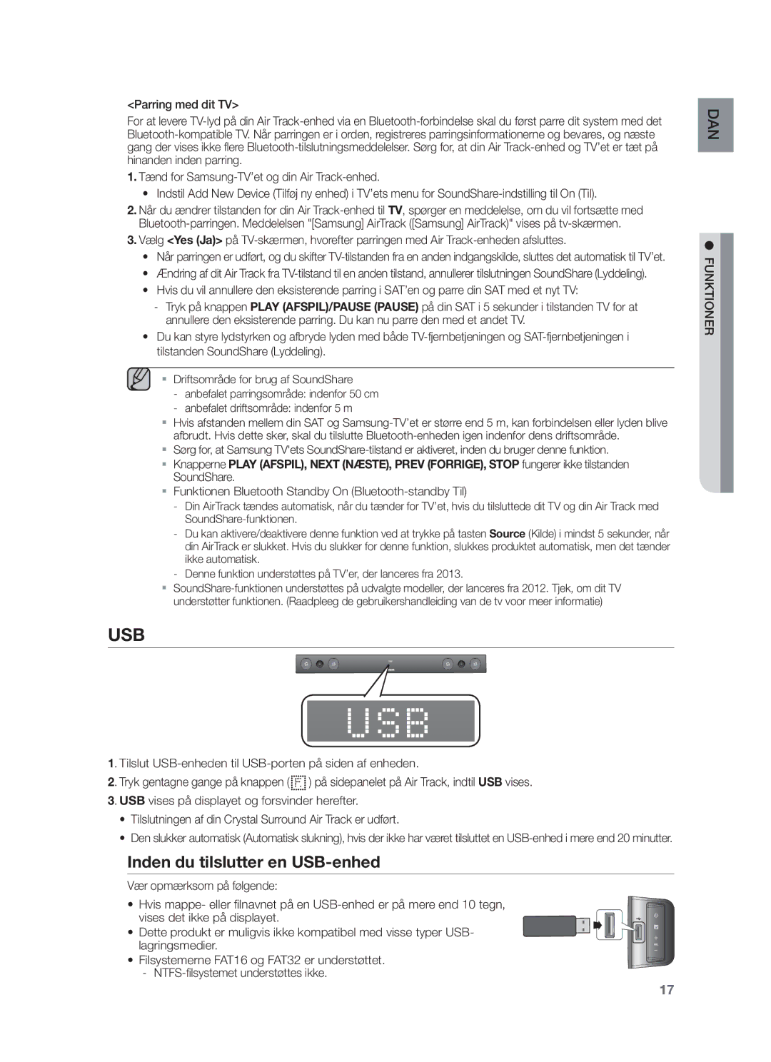 Samsung HW-F450/XE manual Inden du tilslutter en USB-enhed, Parring med dit TV 