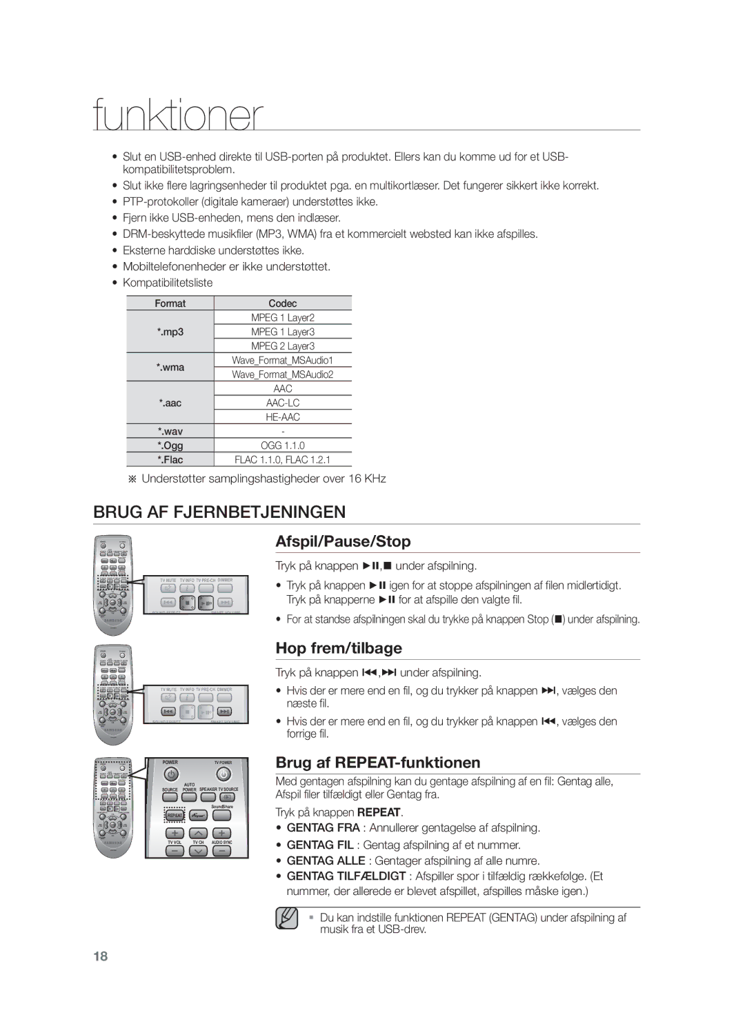 Samsung HW-F450/XE manual Brug AF Fjernbetjeningen, Afspil/Pause/Stop, Hop frem/tilbage, Brug af REPEAT-funktionen 