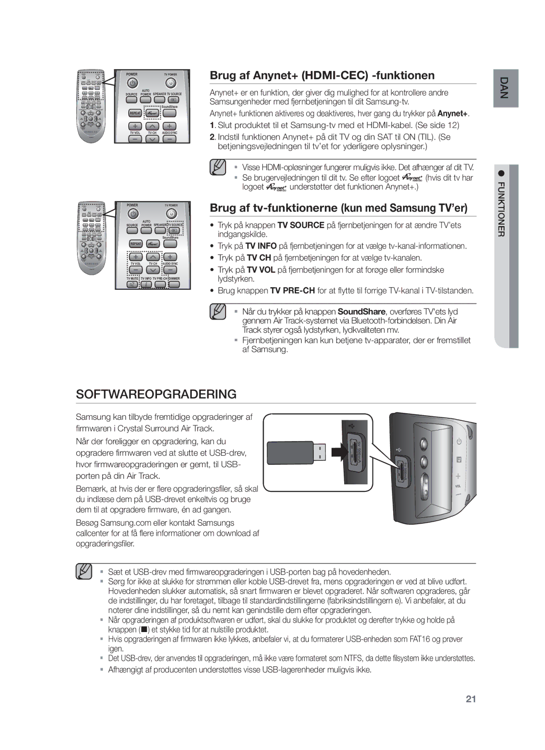 Samsung HW-F450/XE manual Softwareopgradering, Brug af Anynet+ HDMI-CEC -funktionen 