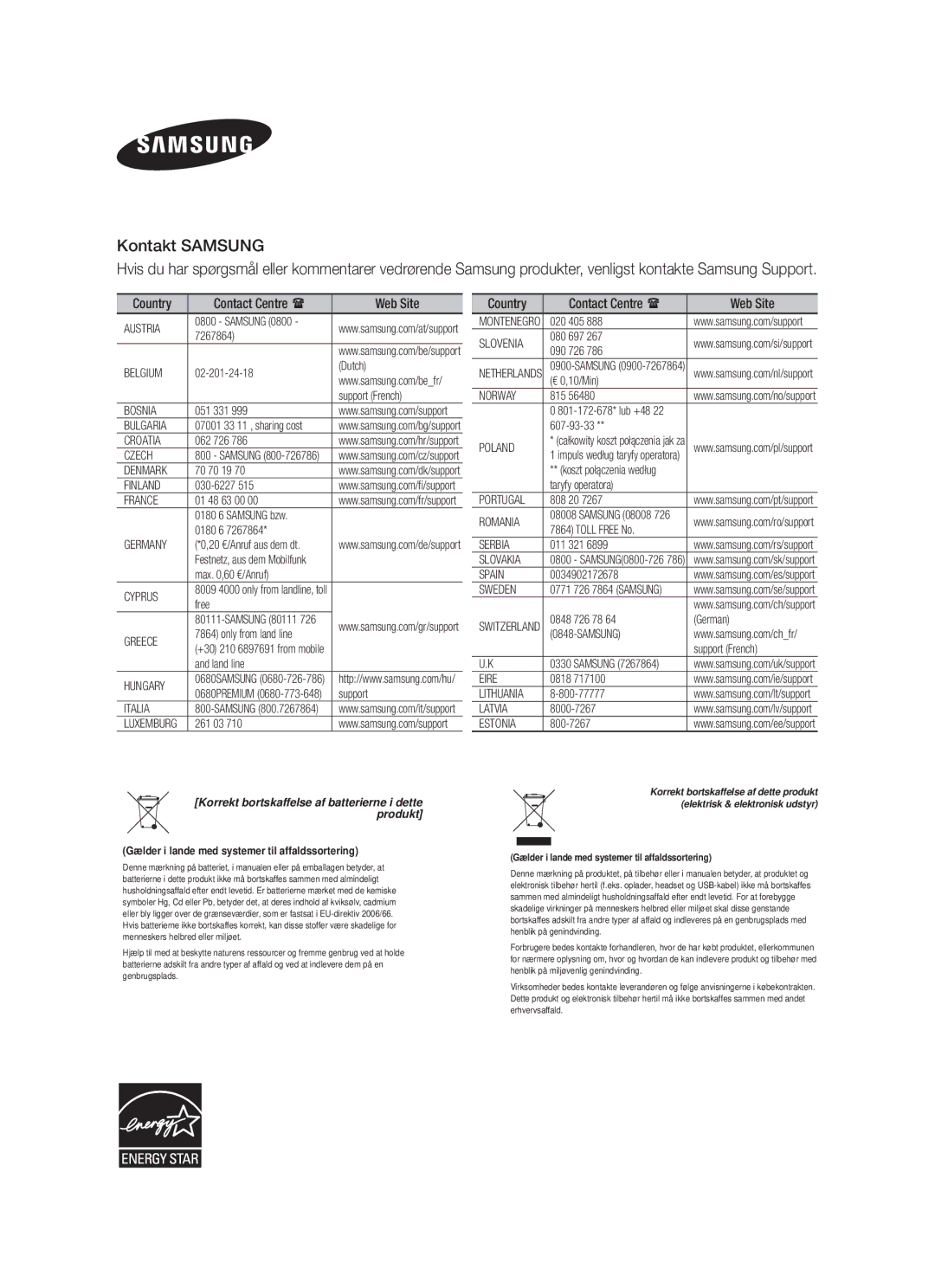 Samsung HW-F450/XE manual Kontakt Samsung 