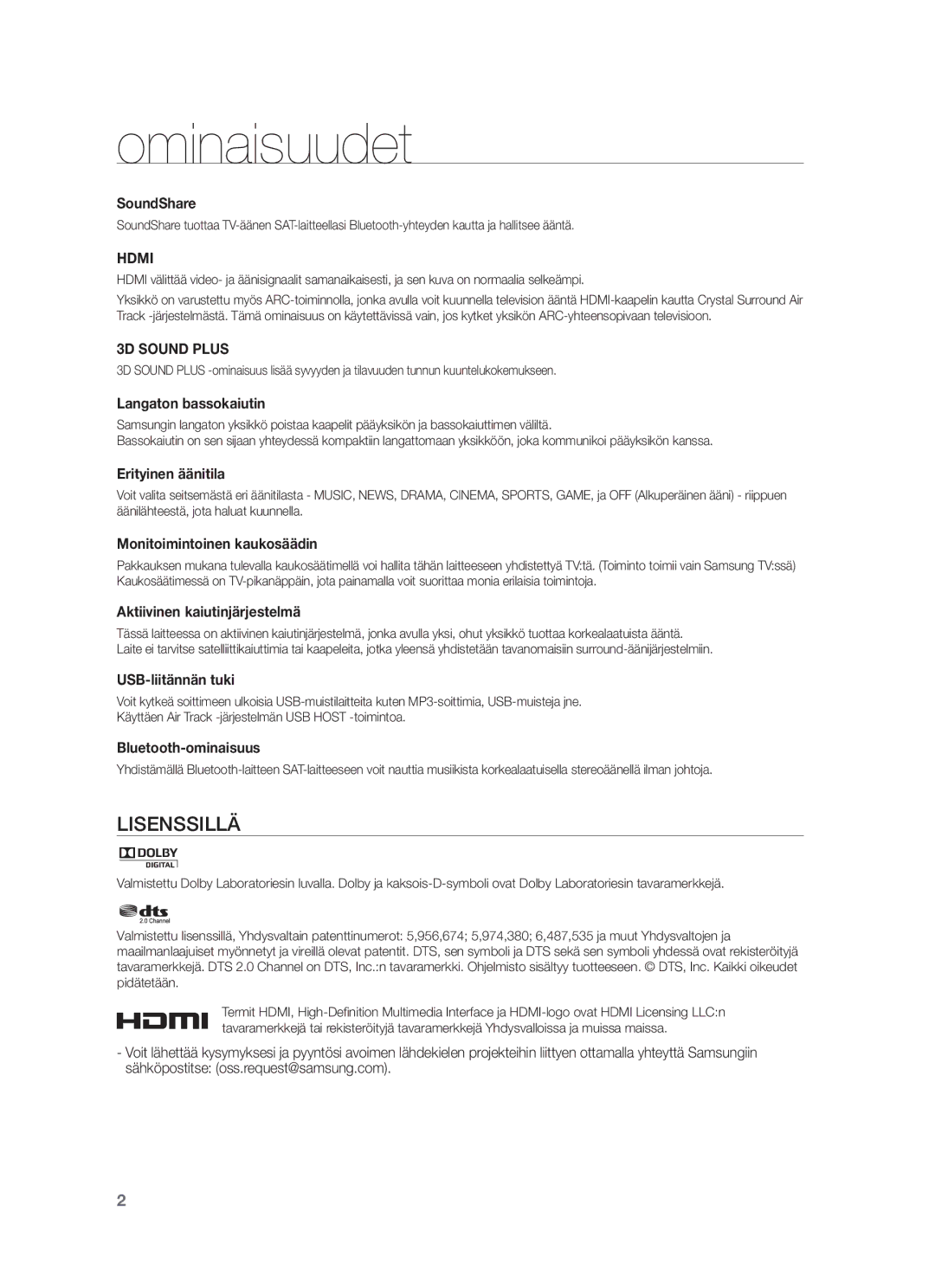 Samsung HW-F450/XE manual Ominaisuudet, Langaton bassokaiutin 