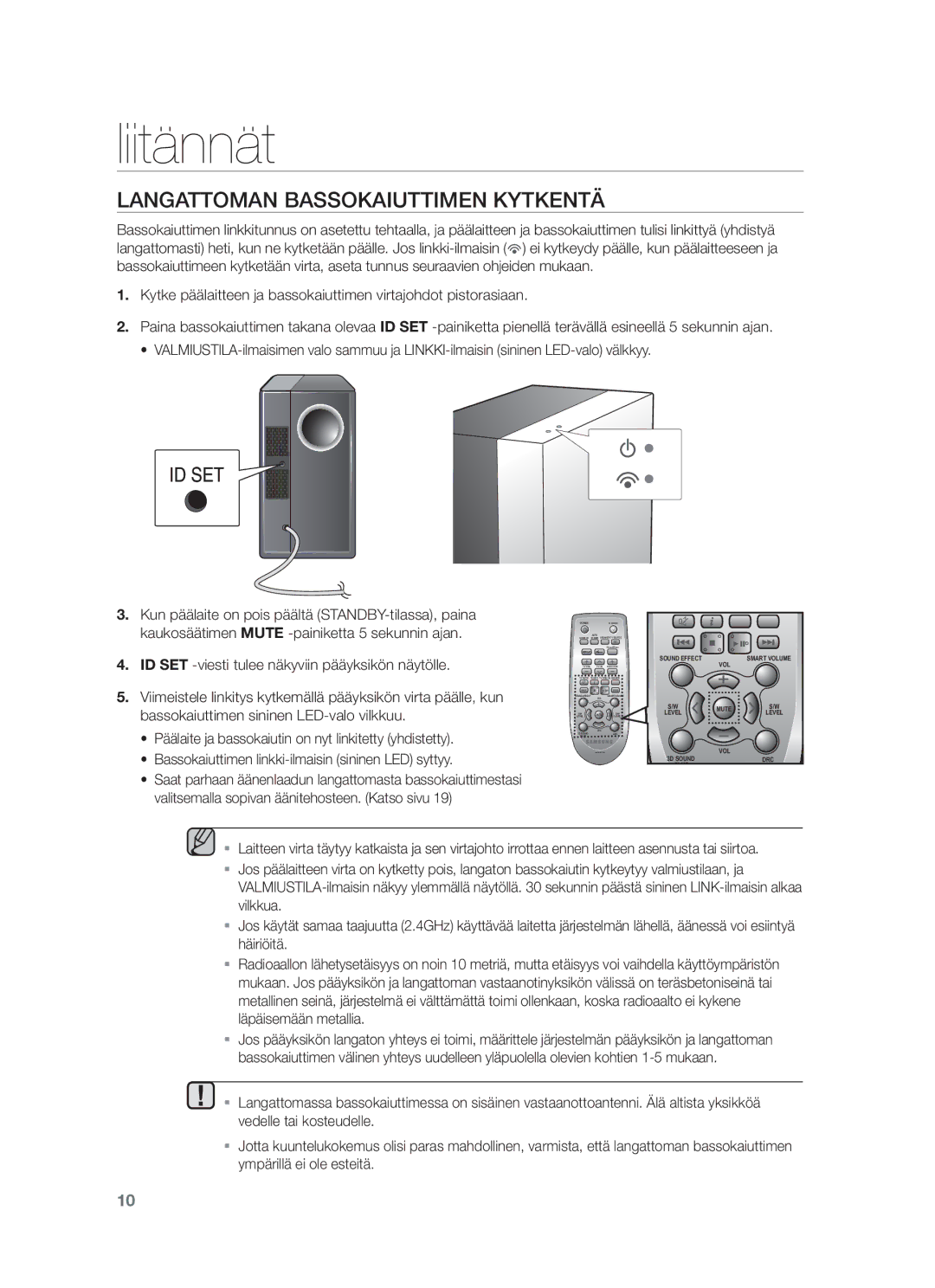 Samsung HW-F450/XE manual Langattoman Bassokaiuttimen Kytkentä, Bassokaiuttimen linkki-ilmaisin sininen LED syttyy 