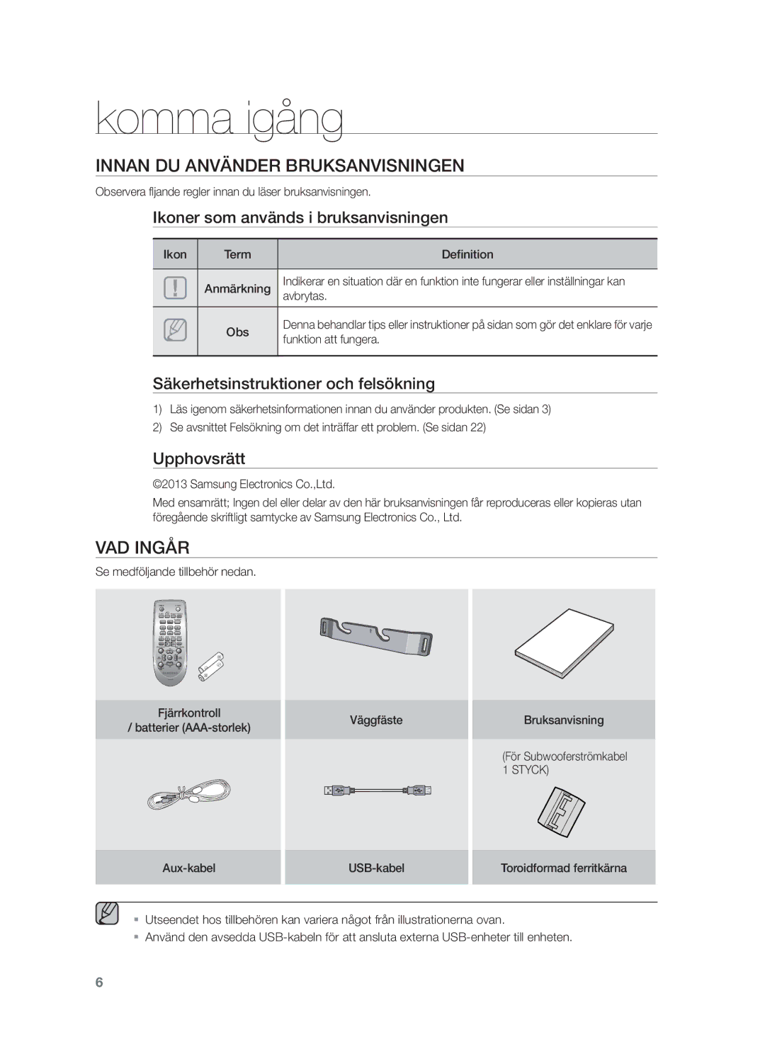 Samsung HW-F450/XE manual Komma igång, Innan DU Använder Bruksanvisningen, VAD Ingår 