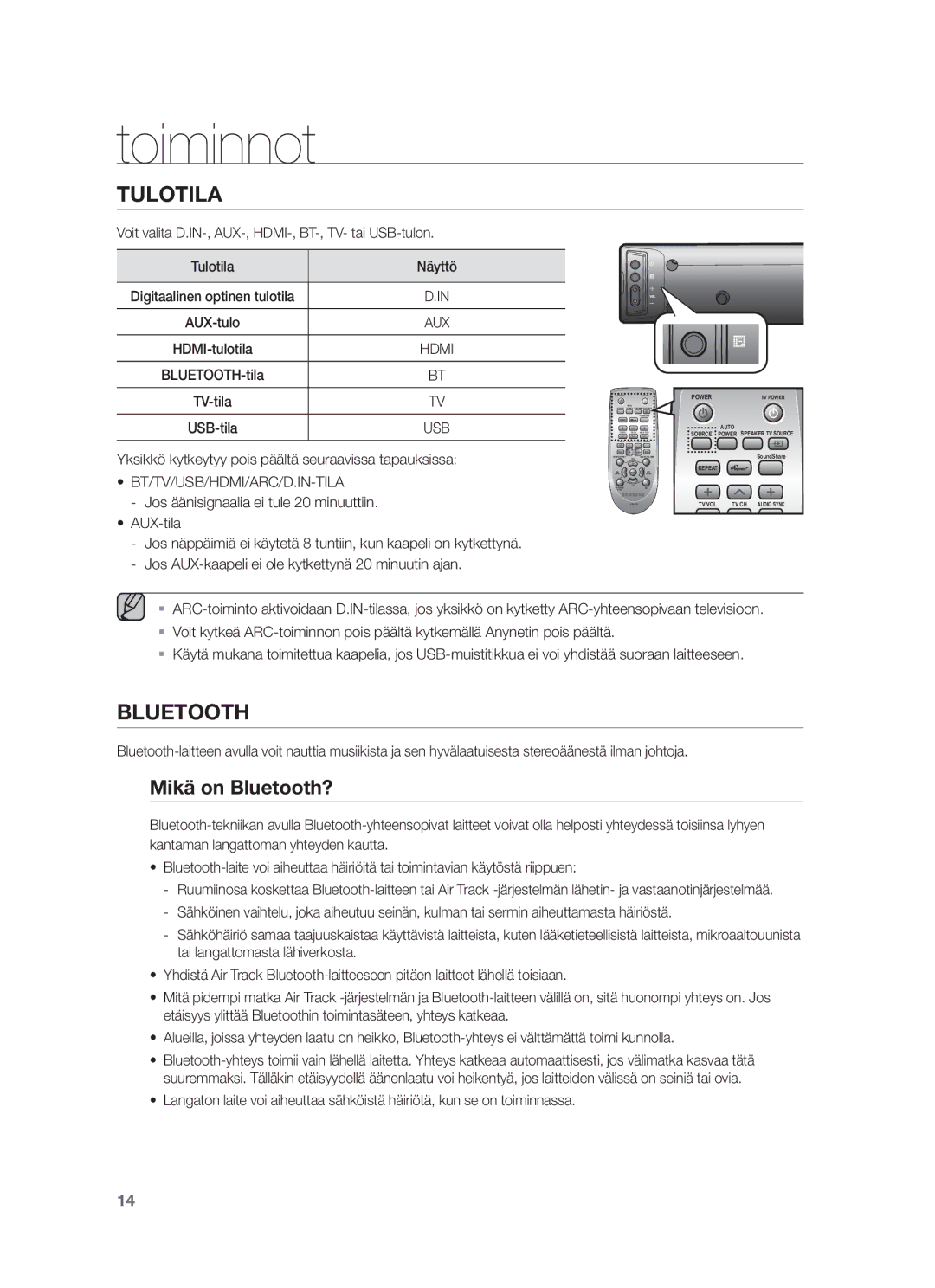 Samsung HW-F450/XE manual Toiminnot, Mikä on Bluetooth?, Yksikkö kytkeytyy pois päältä seuraavissa tapauksissa 