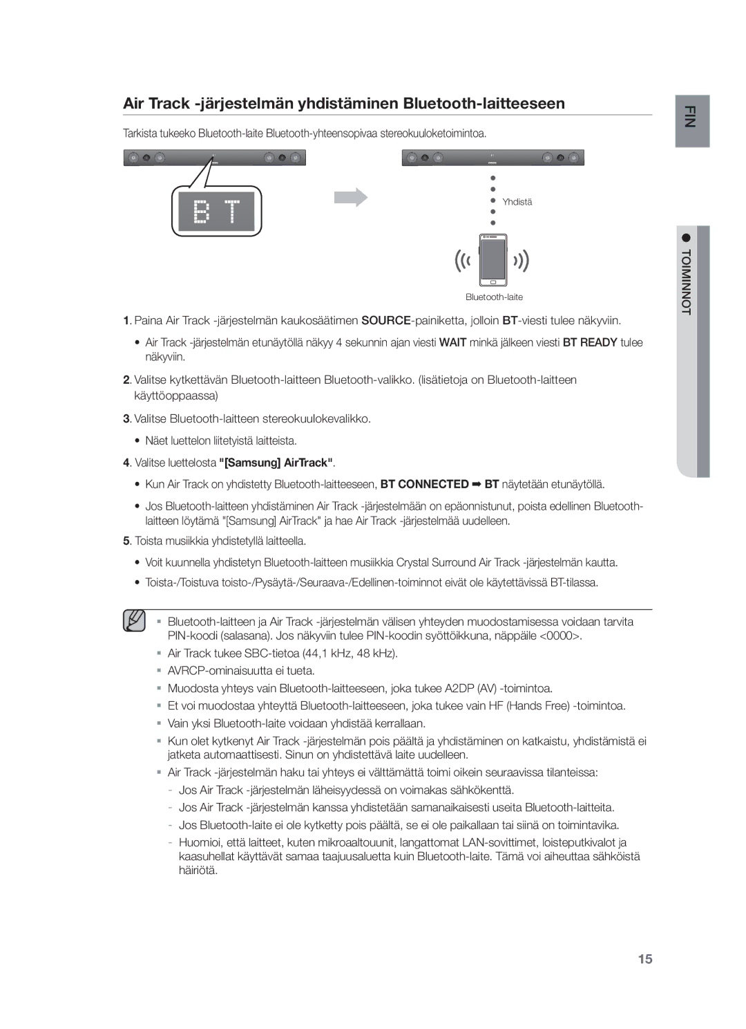 Samsung HW-F450/XE manual Air Track -järjestelmän yhdistäminen Bluetooth-laitteeseen, Toiminnot 