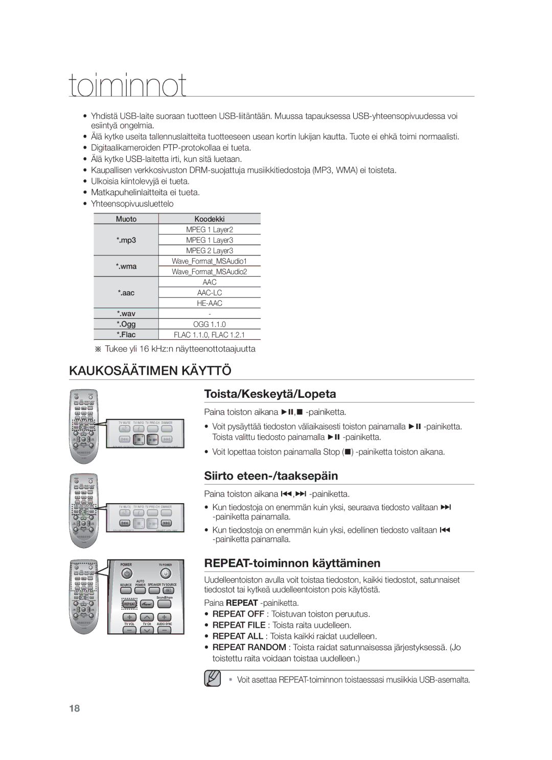 Samsung HW-F450/XE Kaukosäätimen Käyttö, Toista/Keskeytä/Lopeta, Siirto eteen-/taaksepäin, REPEAT-toiminnon käyttäminen 