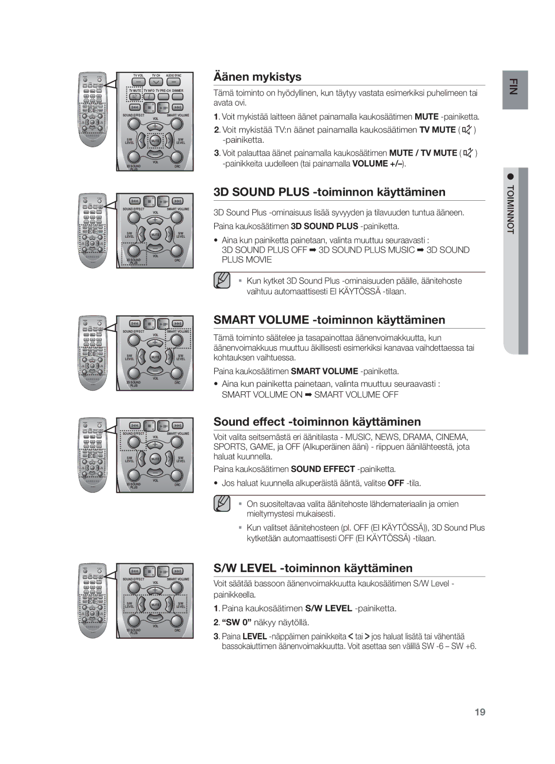 Samsung HW-F450/XE manual Äänen mykistys, 3D Sound Plus -toiminnon käyttäminen, Smart Volume -toiminnon käyttäminen 