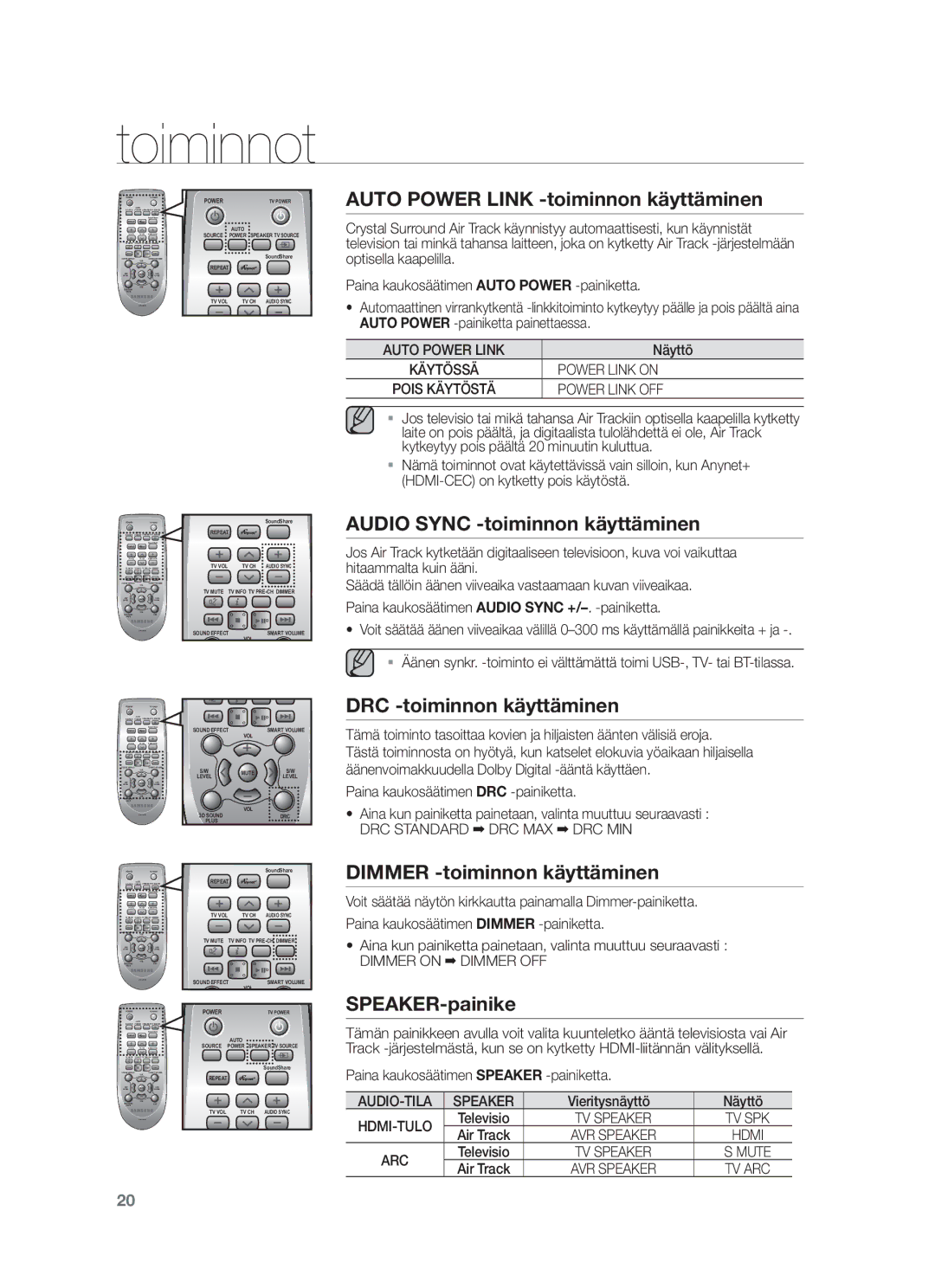 Samsung HW-F450/XE Auto Power Link -toiminnon käyttäminen, Audio Sync -toiminnon käyttäminen, DRC -toiminnon käyttäminen 