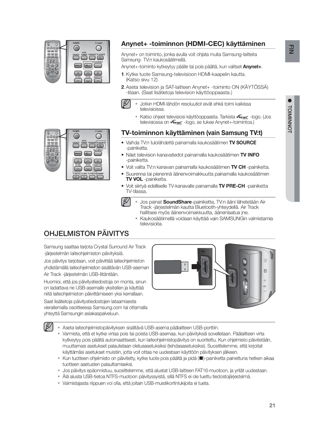 Samsung HW-F450/XE manual Ohjelmiston Päivitys, Anynet+ -toiminnon HDMI-CEC käyttäminen 