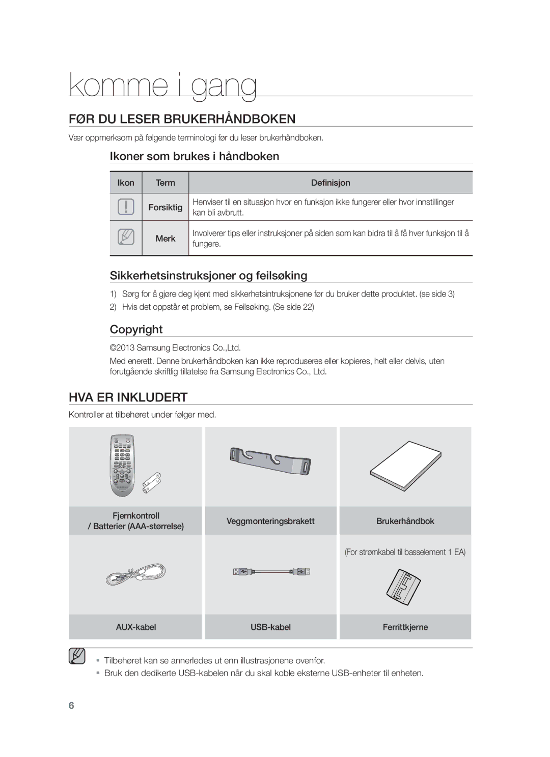 Samsung HW-F450/XE manual Komme i gang, FØR DU Leser Brukerhåndboken, HVA ER Inkludert 