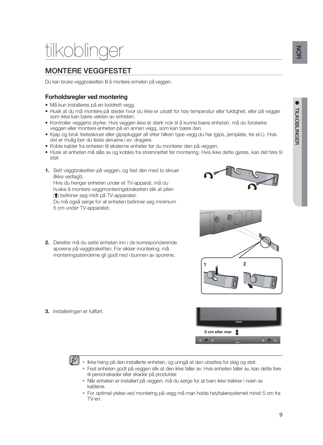 Samsung HW-F450/XE manual Tilkoblinger, Montere Veggfestet, Du kan bruke veggbraketten til å montere enheten på veggen 