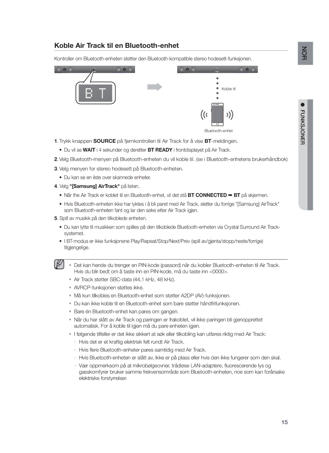 Samsung HW-F450/XE manual Koble Air Track til en Bluetooth-enhet, Funksjoner 