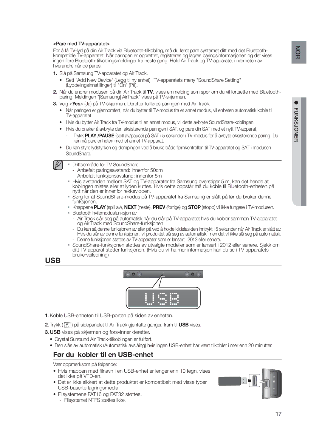 Samsung HW-F450/XE manual Før du kobler til en USB-enhet 