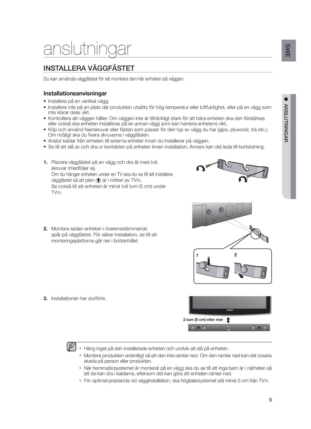 Samsung HW-F450/XE manual Anslutningar, Installera Väggfästet, Se också till att enheten är minst två tum 5 cm under TVn 