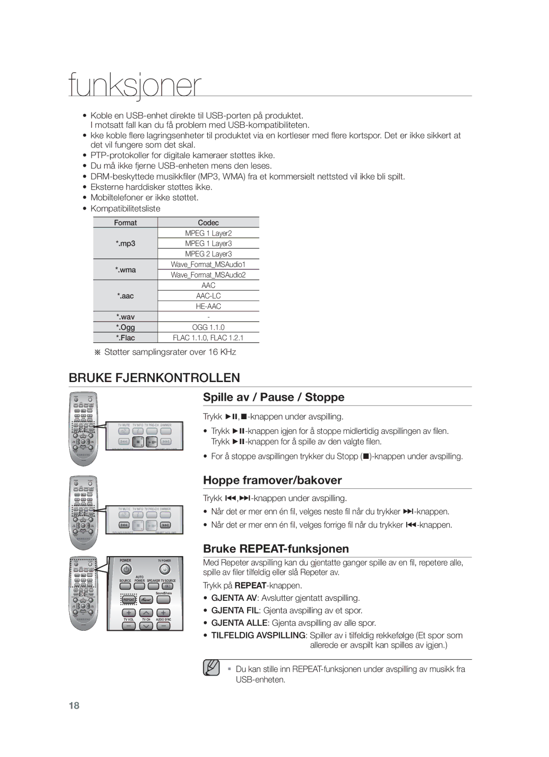 Samsung HW-F450/XE Bruke Fjernkontrollen, Spille av / Pause / Stoppe, Hoppe framover/bakover, Bruke REPEAT-funksjonen 