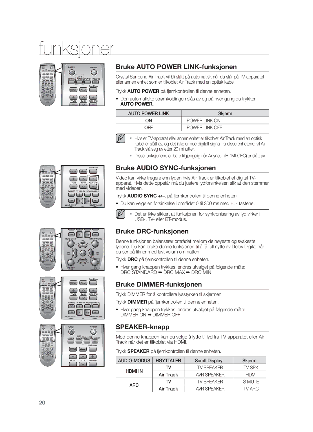 Samsung HW-F450/XE Bruke Auto Power LINK-funksjonen, Bruke Audio SYNC-funksjonen, Bruke DRC-funksjonen, SPEAKER-knapp 