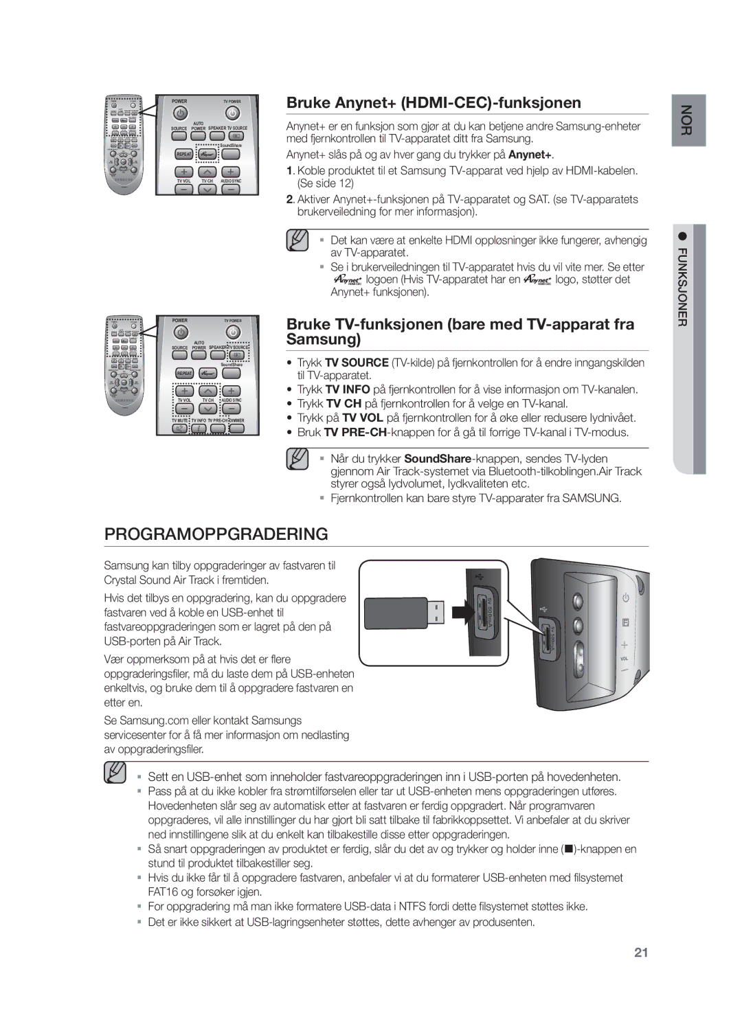 Samsung HW-F450/XE manual Programoppgradering, Bruke TV-funksjonen bare med TV-apparat fra Samsung 