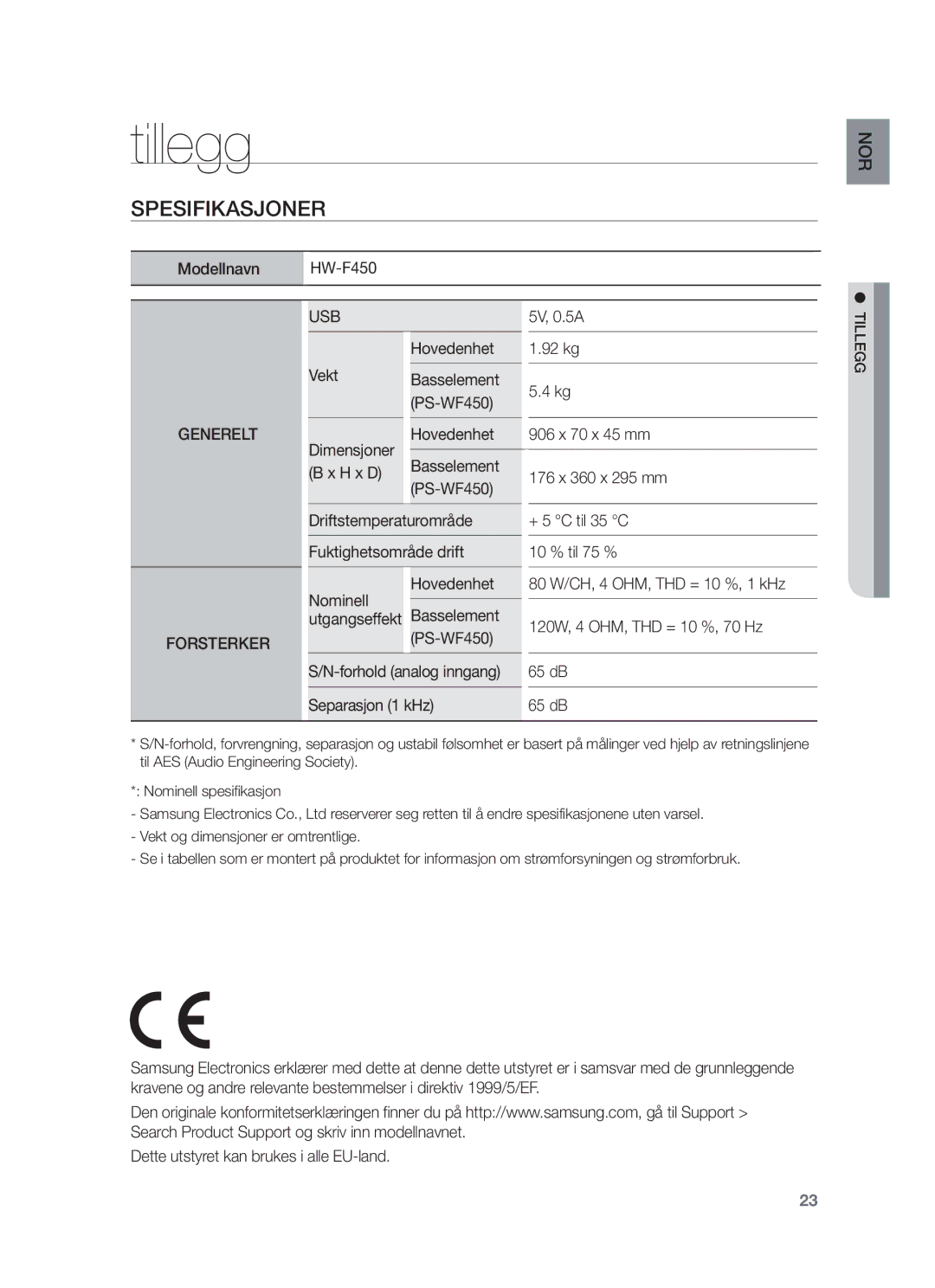 Samsung HW-F450/XE manual Tillegg, Spesifikasjoner 