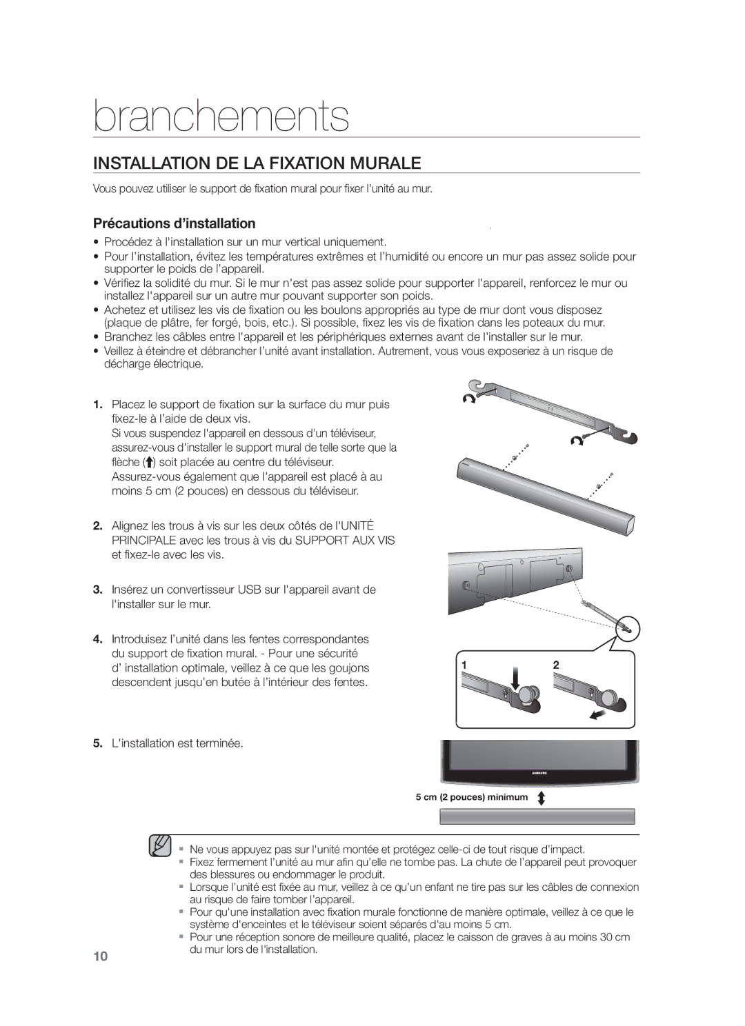 Samsung HW-F551/ZF, HW-F550/EN, HW-F550/ZF manual Branchements, Installation DE LA Fixation Murale 