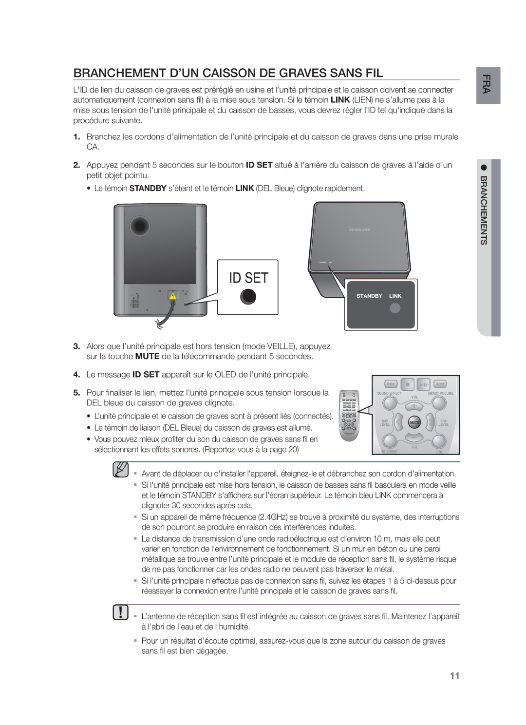 Samsung HW-F550/ZF, HW-F550/EN, HW-F551/ZF manual Branchement D’UN Caisson DE Graves Sans FIL, Branchements 