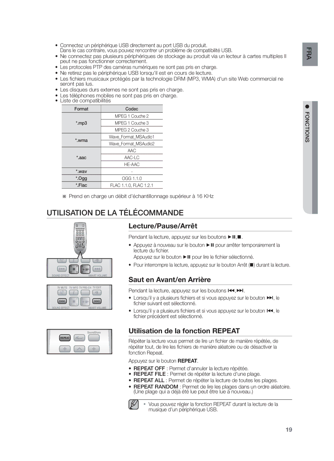 Samsung HW-F551/ZF, HW-F550/EN, HW-F550/ZF Utilisation DE LA Télécommande, Lecture/Pause/Arrêt, Saut en Avant/en Arrière 