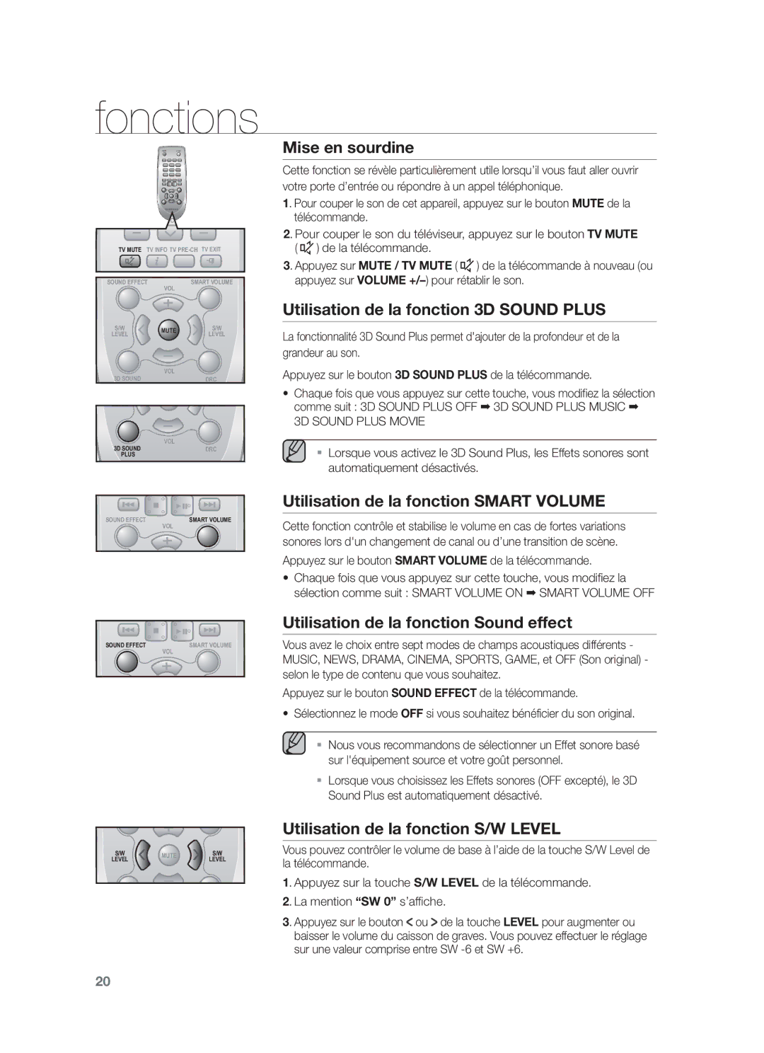 Samsung HW-F550/ZF Mise en sourdine, Utilisation de la fonction 3D Sound Plus, Utilisation de la fonction Smart Volume 