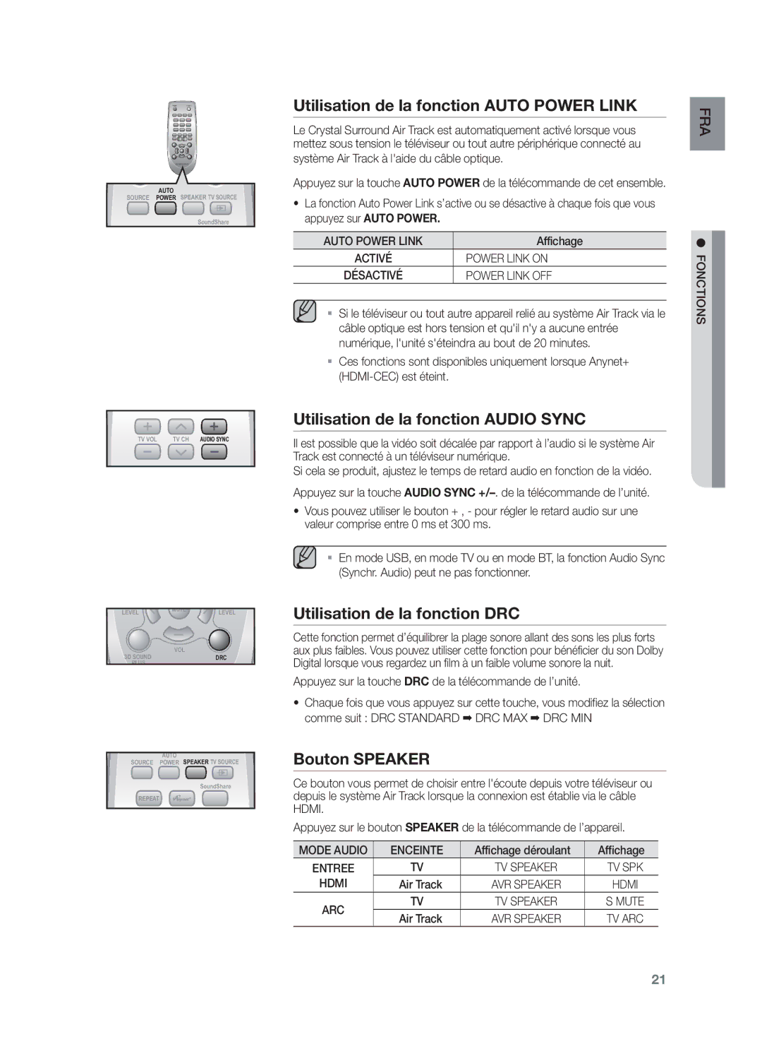 Samsung HW-F550/EN manual Utilisation de la fonction Auto Power Link, Utilisation de la fonction Audio Sync, Bouton Speaker 