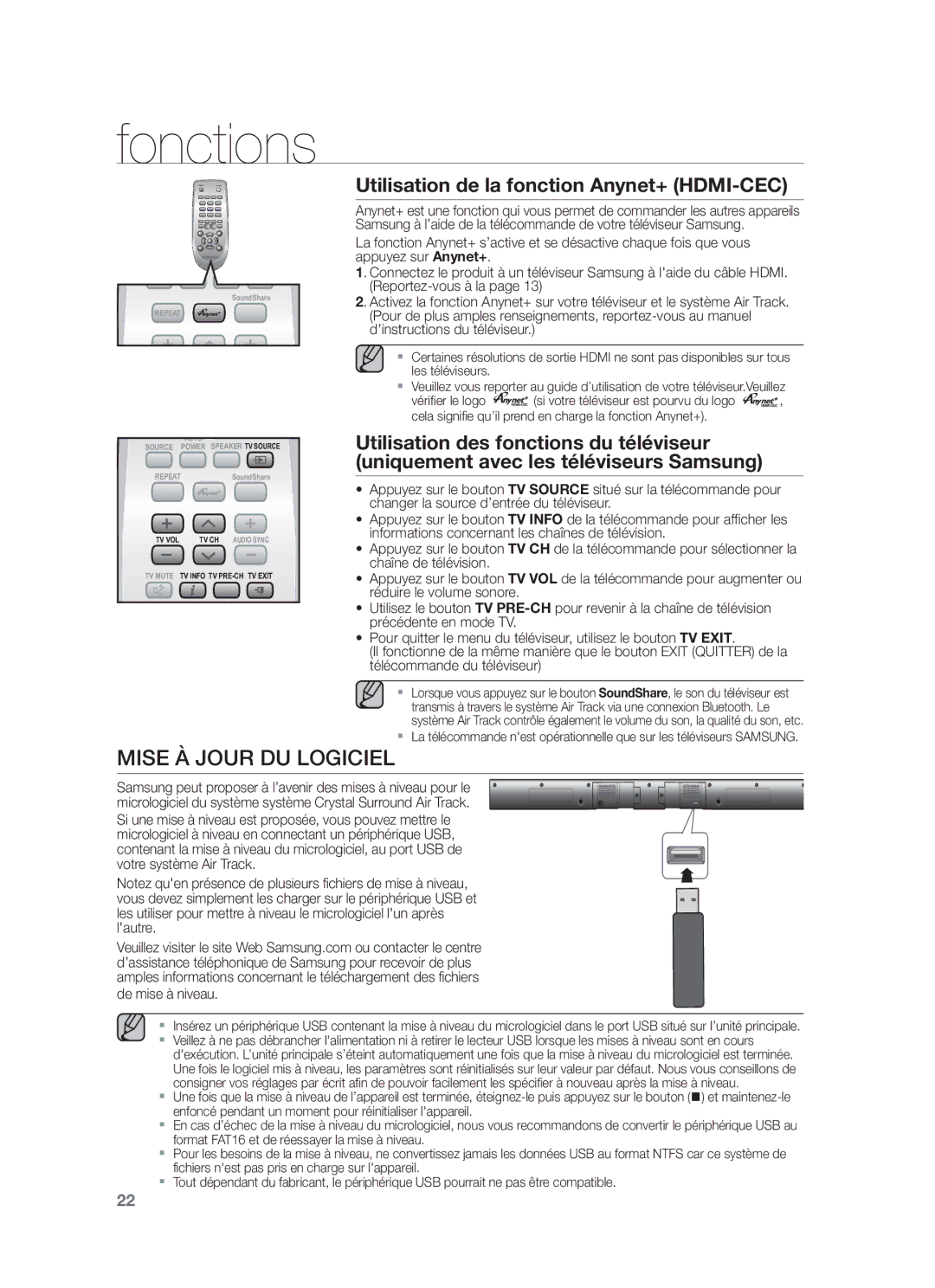 Samsung HW-F551/ZF, HW-F550/EN, HW-F550/ZF manual Mise À Jour DU Logiciel, Utilisation de la fonction Anynet+ HDMI-CEC 