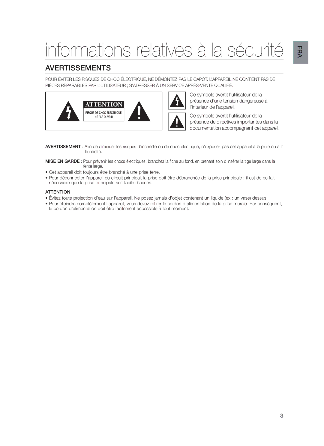 Samsung HW-F550/EN, HW-F551/ZF, HW-F550/ZF Avertissements, Ce symbole avertit l’utilisateur de la, ’intérieur de l’appareil 