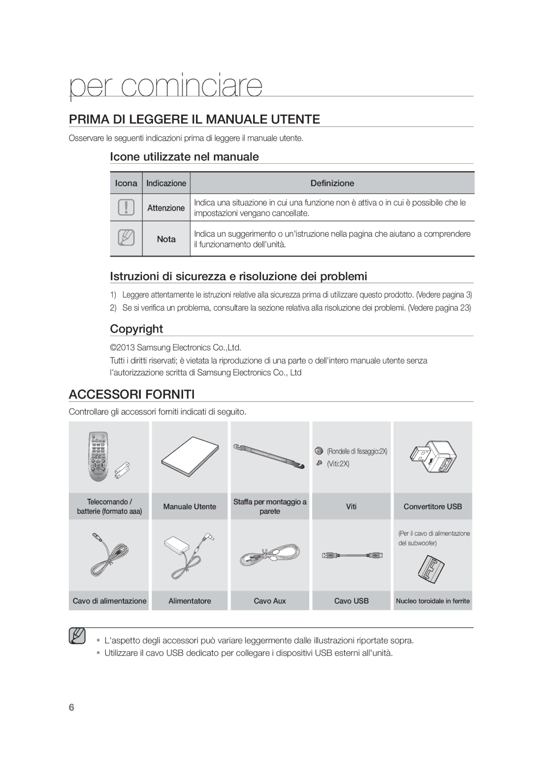 Samsung HW-F551/ZF, HW-F550/EN, HW-F550/ZF manual Per cominciare, Prima DI Leggere IL Manuale Utente, Accessori Forniti 