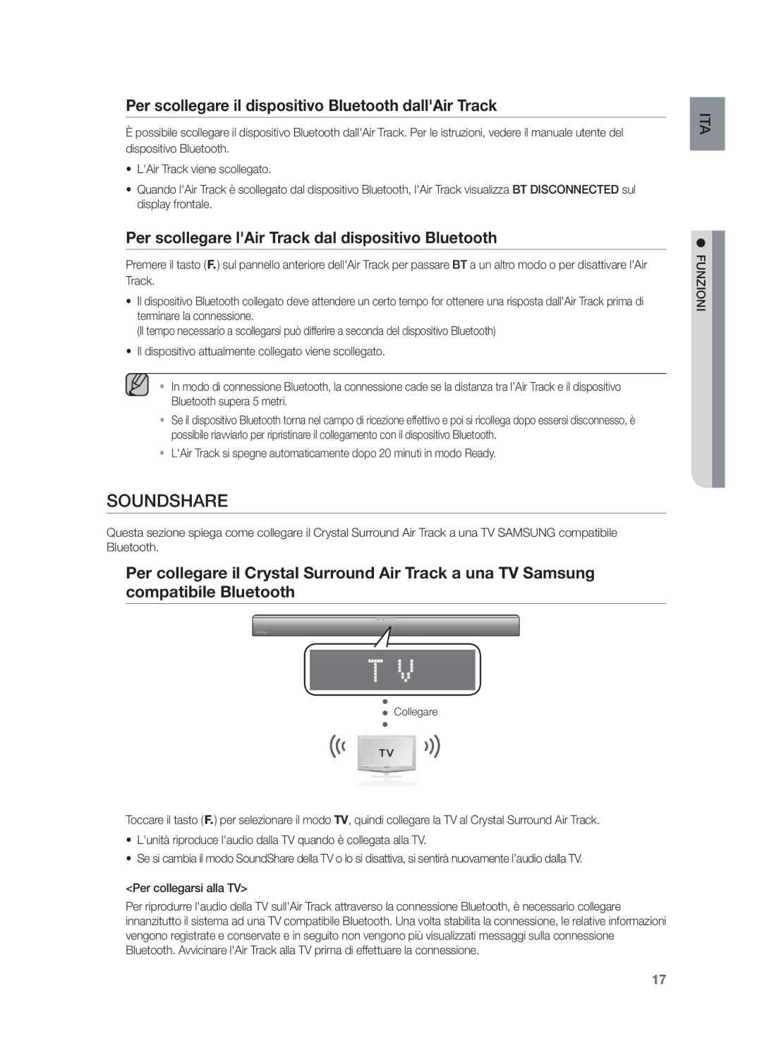 Samsung HW-F550/EN, HW-F551/ZF, HW-F550/ZF manual Per scollegare il dispositivo Bluetooth dallAir Track 