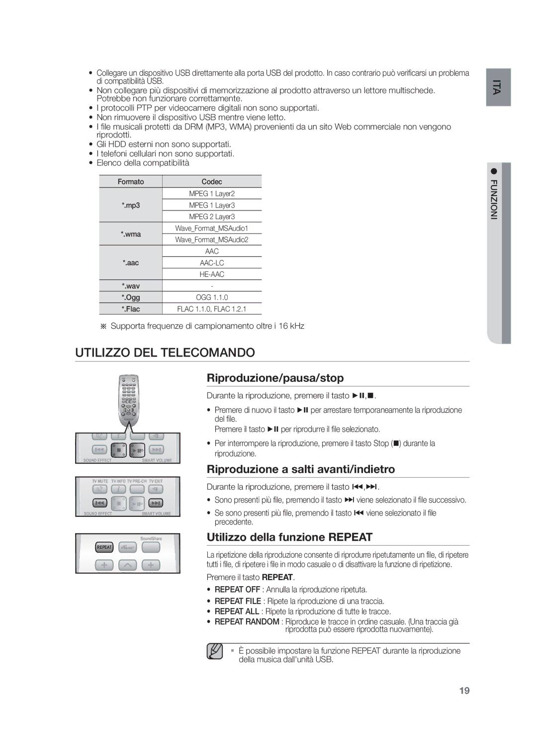 Samsung HW-F550/ZF, HW-F550/EN Utilizzo DEL Telecomando, Riproduzione/pausa/stop, Riproduzione a salti avanti/indietro 