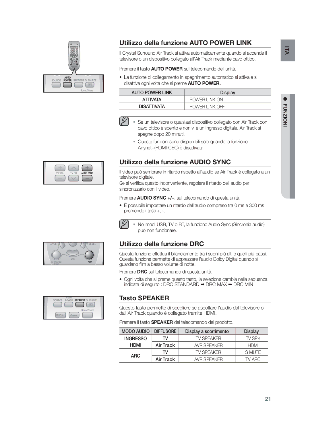 Samsung HW-F551/ZF, HW-F550/EN Utilizzo della funzione Auto Power Link, Utilizzo della funzione Audio Sync, Tasto Speaker 