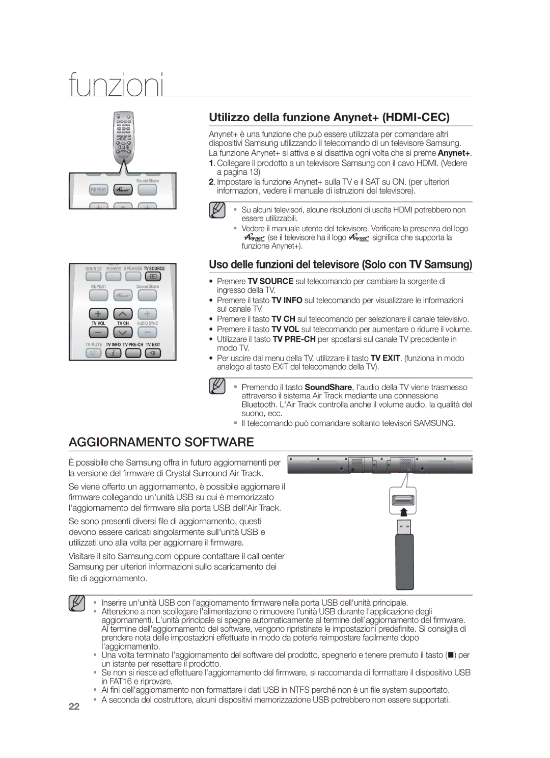 Samsung HW-F550/ZF, HW-F550/EN, HW-F551/ZF manual Aggiornamento Software, Utilizzo della funzione Anynet+ HDMI-CEC 